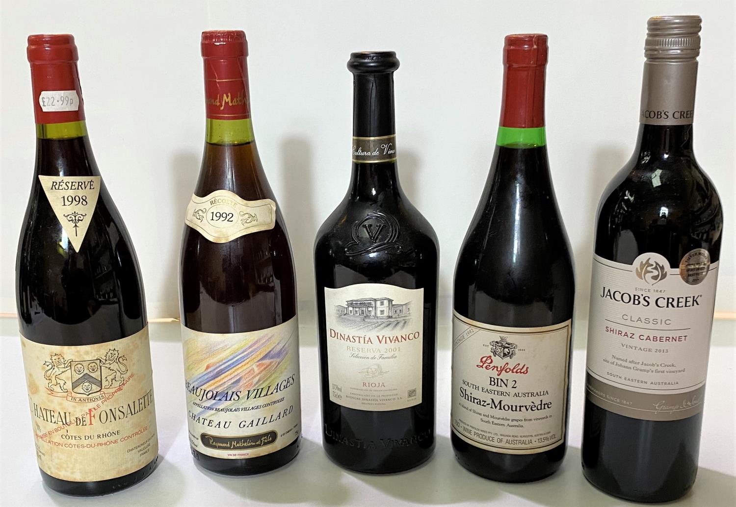 A 70cl bottle of 1998 Chateau de Fonsalette Cotes du Rhone and 4 other bottles of red wine