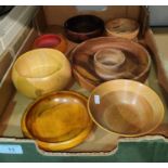 A selection of treen bowls etc and some various pottery