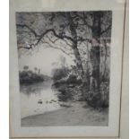 After Julian Rix: Etching of a river scene, framed and glazed, 37 x 29cm