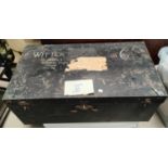 A metal travel trunk; 2 sets of card filing drawers etc