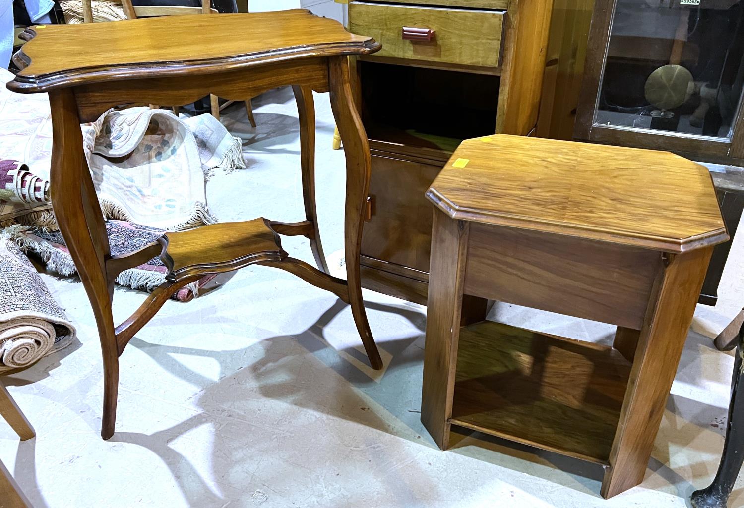 A 1930's 2 tier occasional table, a bedside cupboard another occasional table