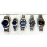Five various cased Fossil watches, all stainless steel of various styles