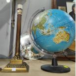 A globe, height 38cm; a gilt Corinthian column lamp; a painted convex mirror