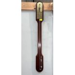 A reproduction Georgian stick barometer in mahogany case, with exposed mercury tube; a