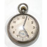 An early/mid 20th century military keyless open faced pocket watch, stamped: "GS/TP 012318