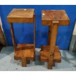 An Art Deco pair of 2 height walnut stands; a vintage stool with lid; a child's wicker chair