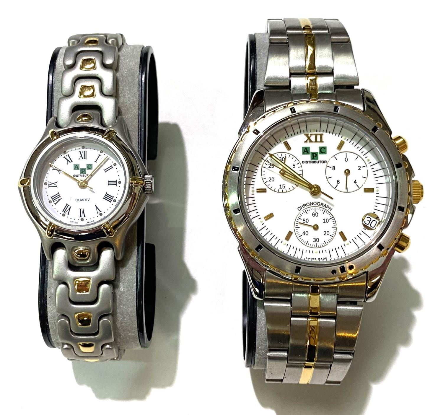 A lady's & gent's pair of APC wristwatches, Swiss made, brushed steel with gilt highlights, gent's