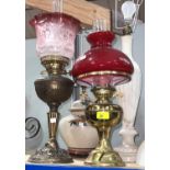 Two table lights styled as brass oil lamps; 2 others