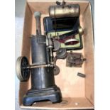 A 1920's tinplate vertical steam engine, 37cm; another; various accessories