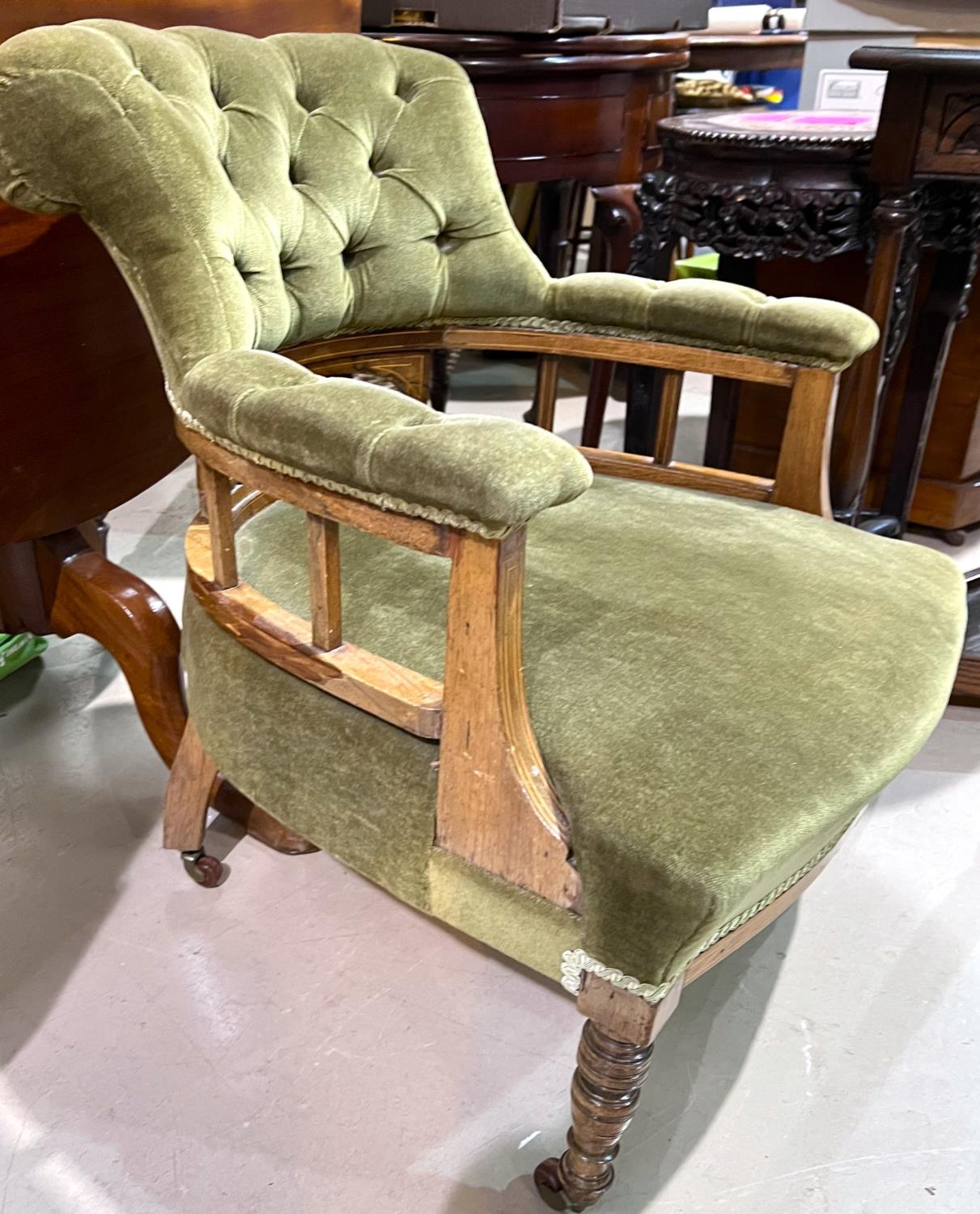 Edwardian Sheraton style inlaid mahogany tub shaped armchair with deep buttoned green Dralon on - Image 2 of 3