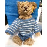 A modern Steiff Teddy Bear with blue striped jumper, button to ear