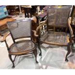 Two 19th century bergere armchairs with wooden seats and backs, pad feet etc.