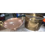 A copper and brass fruit dish; a brass companion set; a paper bin