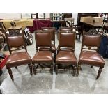 A set of four 17th century style oak dining chairs upholstered in tan leather together with a pair