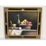 W. HUDSON. 20TH CENTURY Still life of fruit with jug. Signed. Oil on canvas. 20' x 24' (Frame size