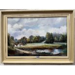 JENNINGS. BRITISH 20TH CENTURY Landscape with cottage and pond. Signed and dated '73. Oil on