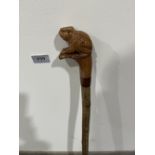 A hazel walking stick, the pommel hand carved as a frog. 49½' long