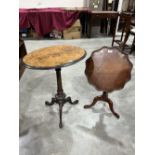 A Victorian walnut tripod occasional table with burr veneered oval top and a smaller snap-top tripod