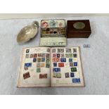 A jade applied treen box; a carved stone swan bowl; a paintbox and an album of stamps