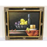 W. HUDSON. 20TH CENTURY Still life of fruit with wine bottle. Signed. Oil on canvas 20' x 24' (Frame
