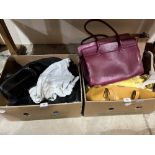 Two boxes of handbags, zara boots, chiffon dress etc.