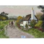 ARTHUR CHARLES SHORTHOUSE; R.B.S.A; BRITISH 1870-1953 Cottage scene with huntsmen and hounds.