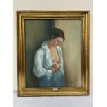 W. THOMAS. 20TH CENTURY Girl in Blue Smock. Signed. Oil on canvas 24' x 20' (Frame size 28½' x