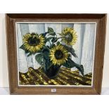 ALAN DAVIES. BRITISH 20TH CENTURY Sunflowers. Inscribed exhibition label verso. Oil on board 20' x