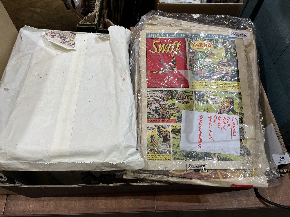 A box of vintage comics and games