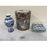 A Chinese famille-rose jar and cover, 6¼' high, a Chinese inverted baluster blue and white vase. 5½'