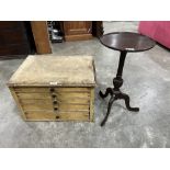 A pine tool chest of five drawers and a mahogany wine table