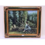 EUROPEAN SCHOOL. 20TH CENTURY Young girl sitting in a woodland glade. Indistinctly signed. Oil on