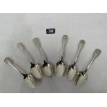 Six silver fiddle pattern dessert spoons. Various dates from 1801. 7ozs 7dwts