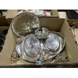A quantity of platedware to include an oval gallery tray, two entree dishes with covers etc.