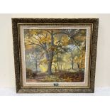 J. CURRIE. BRITISH 20TH CENTURY Woodland scene with deer. Signed and dated 1987. Oil on canvas 18' x