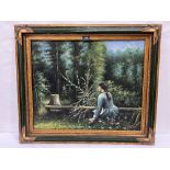EUROPEAN SCHOOL. 20TH CENTURY Young girl sitting in a woodland glade. Indistinctly signed. Oil on