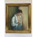 W. THOMAS. 20TH CENTURY Girl in Blue Smock. Signed. Oil on canvas 24' x 20' (Frame size 28½' x