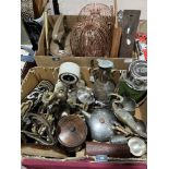 Two boxes of metalware, treen and sundries
