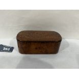 A 19th century burrwod tea or snuffbox with lined interior. 5' wide