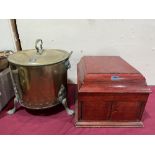 A brass coal bin and cover, 18' high and a gramophone case