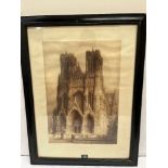 JAMES ALPHEGE BREWER. BRITISH 1881-1946 Rheims Cathedral. Signed and inscribed. Coloured etching.