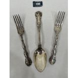 Two silver Devonshire pattern table forks and a silver Queen's pattern serving spoon. 7ozs 7dwts (