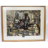 20TH CENTURY SCHOOL African family at a market. Signed 'Hill'. Pastel 17' x 22'