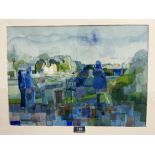 JEAN GILLETT. BRITISH 1921-2012 Coastal town with figures. Signed. Watercolour 12½' x 17¾'