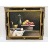 W. HUDSON. 20TH CENTURY Still life of fruit with jug. Signed. Oil on canvas. 20' x 24' (Frame size