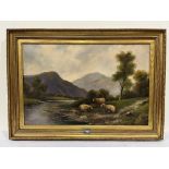 ENGLISH SCHOOL. 20TH CENTURY A highland river landscape with sheep. Indistinctly signed. Oil on