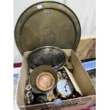 A box of metalware and sundries with a brass table top