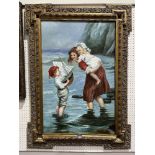 20TH CENTURY SCHOOL Victorian Seaside. Oil on canvas 36' x 24'. The gilt stucco frame 46½' x 33'