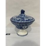 A blue and white decorated pedestal bowl, the cover with lion head finial. 8½' high