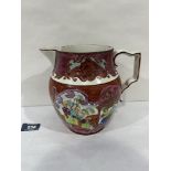 A 19th century Staffordshire jug, painted with chinoiserie scenes in scrolled reserves. 6½' high.